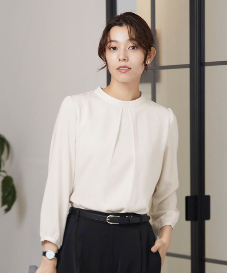 アンカーウーマン(ANCHOR WOMAN)の【洗える／XS～3L】ハイネックタックブラウス9分袖【透け防止／防シワ】 アイボリー(004)
