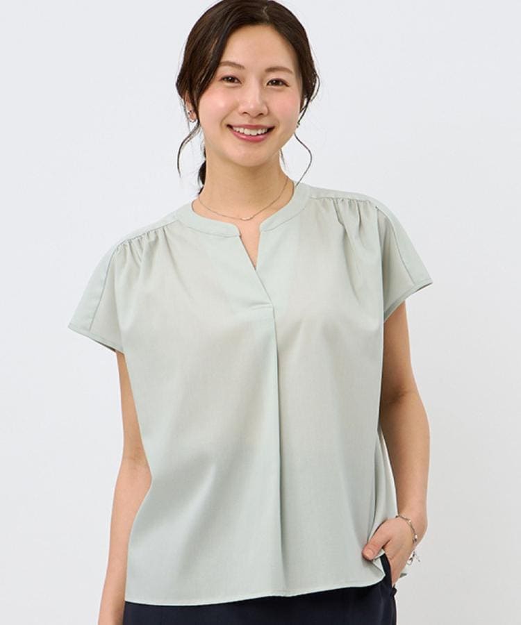 アンカーウーマン(ANCHOR WOMAN)の【接触冷感／防シワ】ギャザーシャツブラウス ミントグリーン(021)