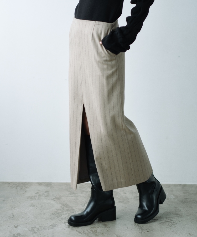 コードエー(CODE A)のCODE A ｜ wool stripe slit long skirt サンドベージュ(053)