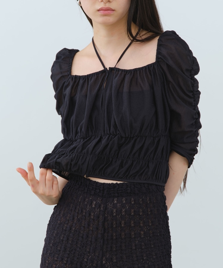 コードエー(CODE A)のCODE A｜sheer gather blouse ブラック(019)