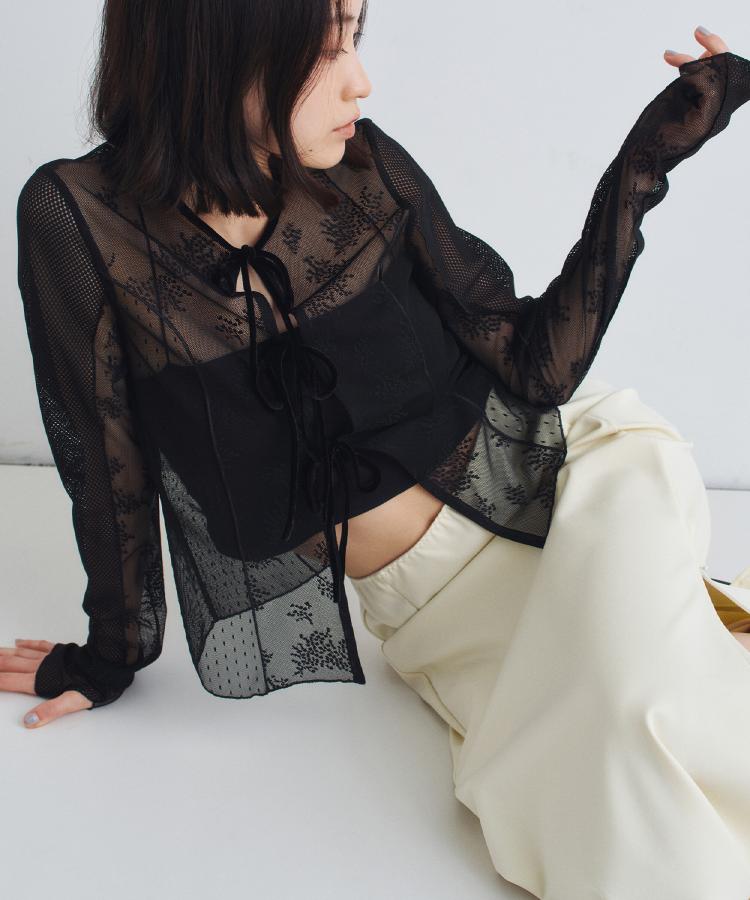 コードエー(CODE A)のtulle lace ribbon blouse ブラック(019)