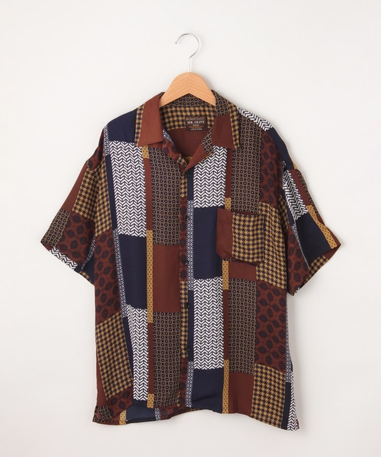 オフプライスストア(メンズ)(OFF PRICE STORE(Mens))のMR.OLIVE（ミスターオリーブ） 和柄半袖シャツ ネイビー×ブラウン(999)