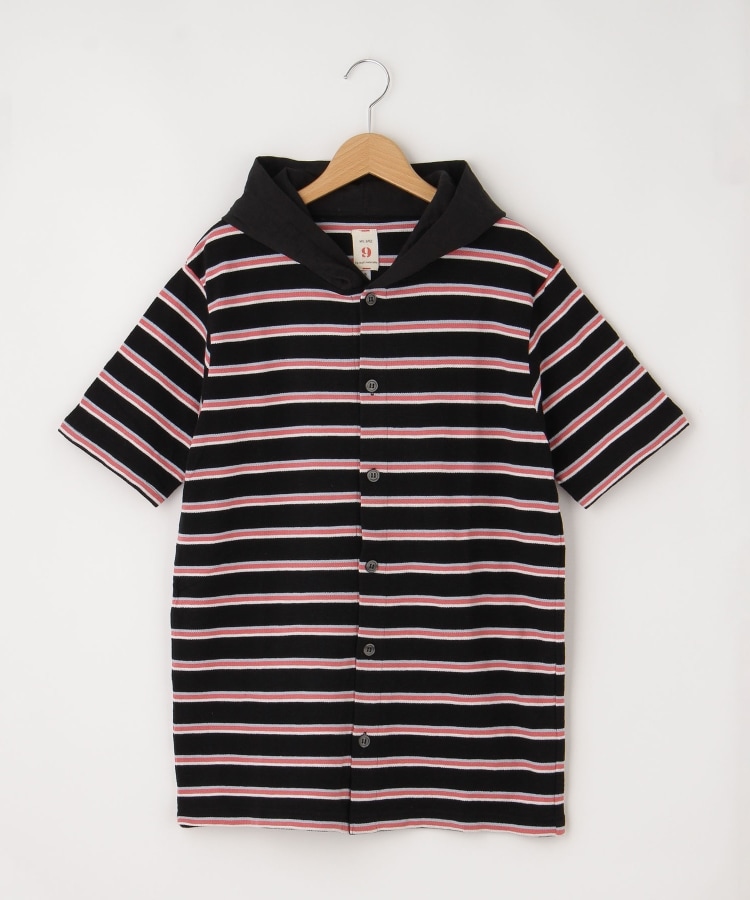 オフプライスストア(メンズ)(OFF PRICE STORE(Mens))のMIL-SPEC（ミルスペック） ボーダー前ボタン半袖フード付きプルオーバー ブラック(019)