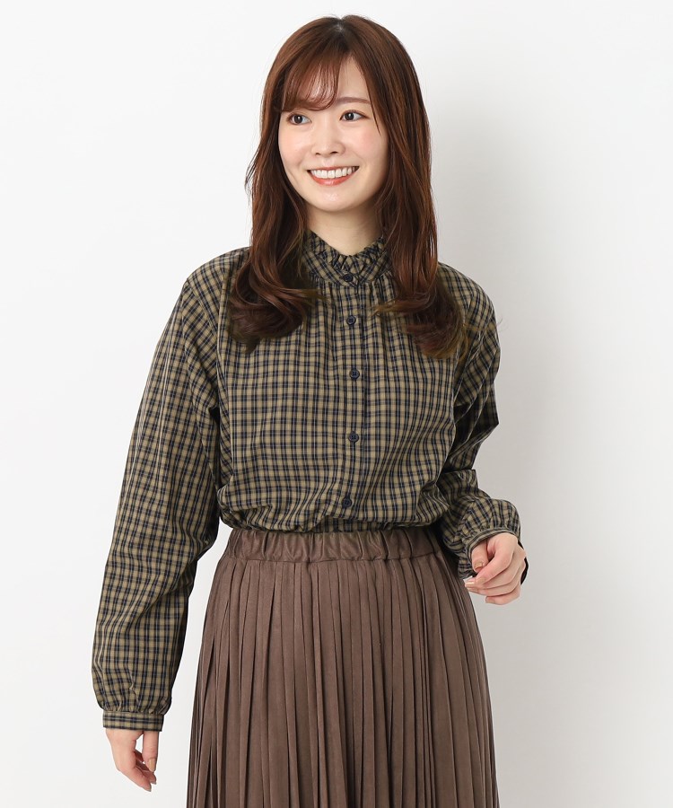 秋色ストライプ柄】スタンドフリルブラウス(シャツ・ブラウス 秋色ストライプ柄】スタンドフリルブラウス(シャツ・ブラウス