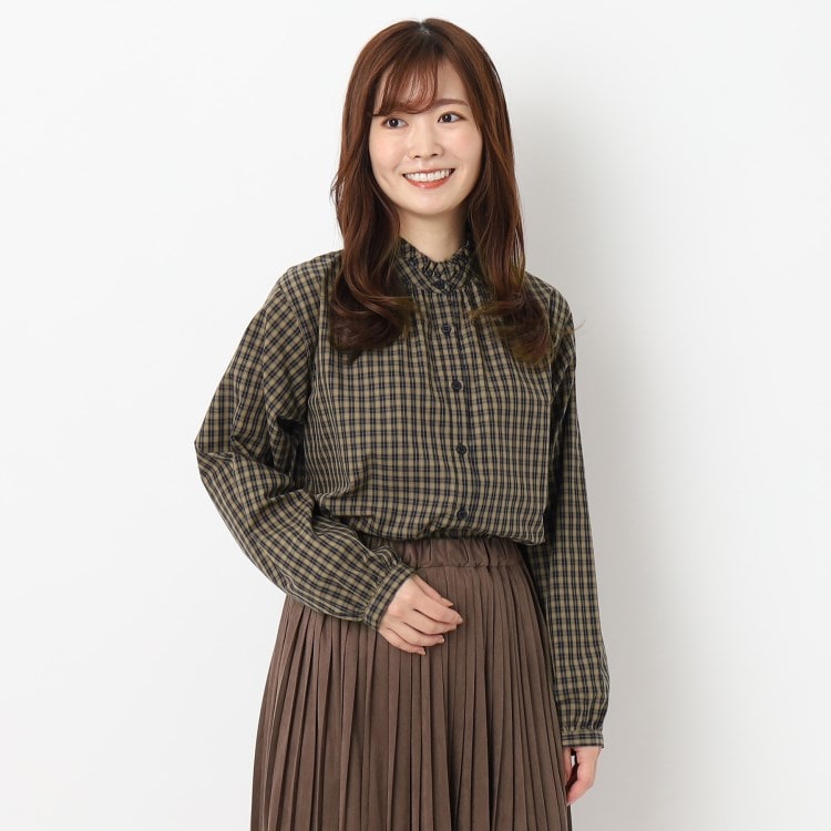 秋色ストライプ柄】スタンドフリルブラウス（シャツ・ブラウス