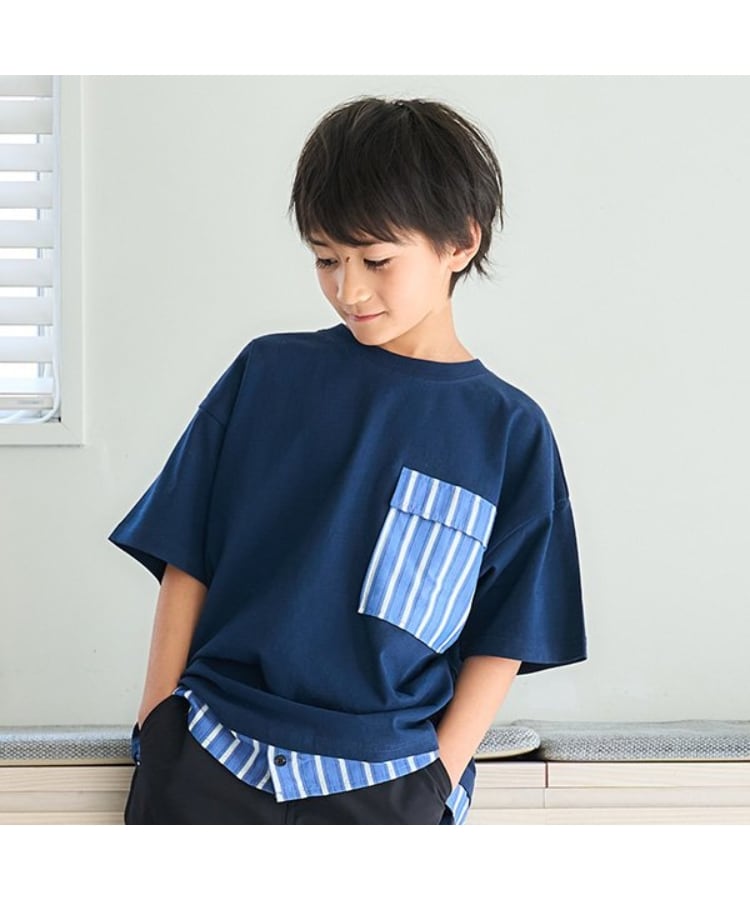 アンドディープティマイン(and D.petit main)のシャツレイヤード風ビッグ半T ネイビー(094)