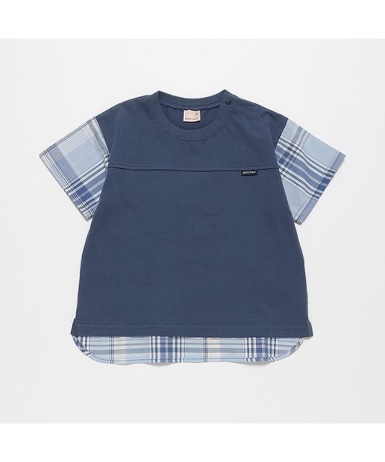 プティマイン(petit main)の【リンク・接触冷感】袖チェックTシャツ ネイビー(094)