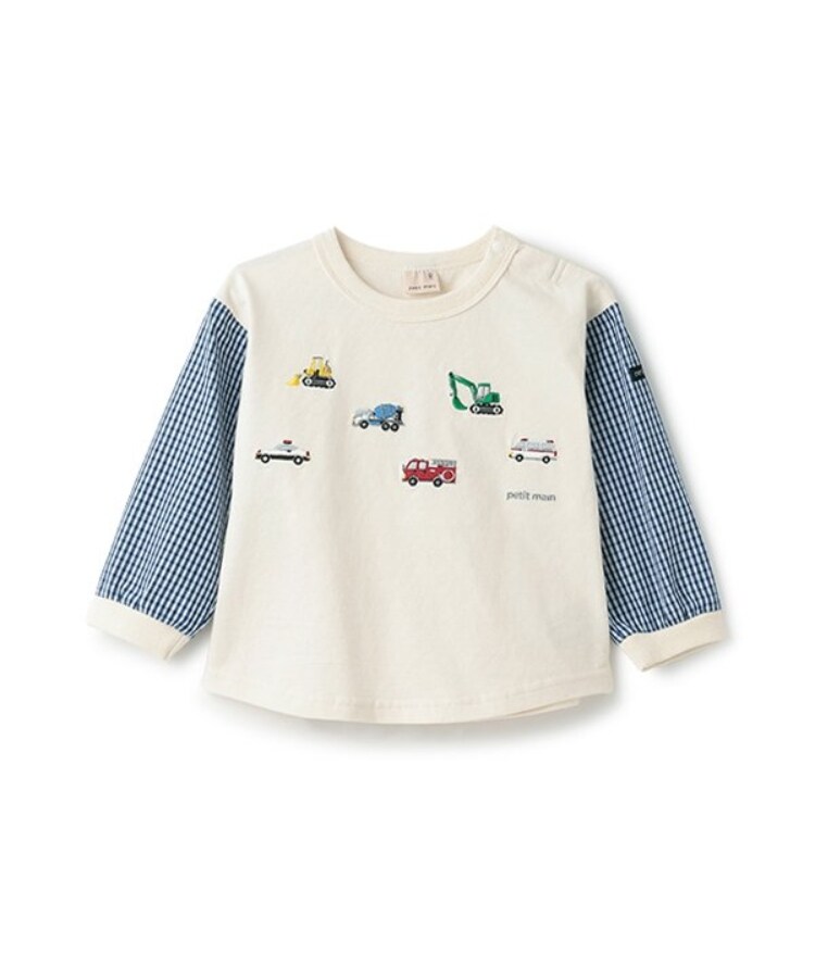 プティマイン(petit main)の働く車袖布帛Tシャツ アイボリー(104)