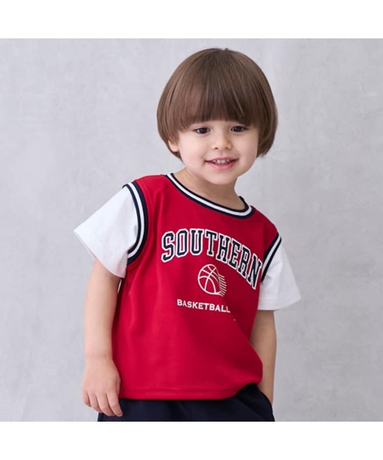プティマイン(petit main)の【接触冷感】ユニフォームドッキング半袖Tシャツ レッド(061)