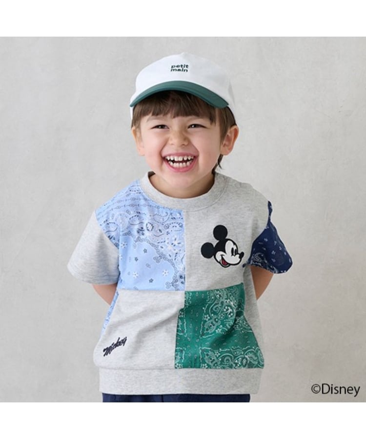 プティマイン(petit main)の【Disney】パッチワーク半袖Tシャツ ブルー(091)