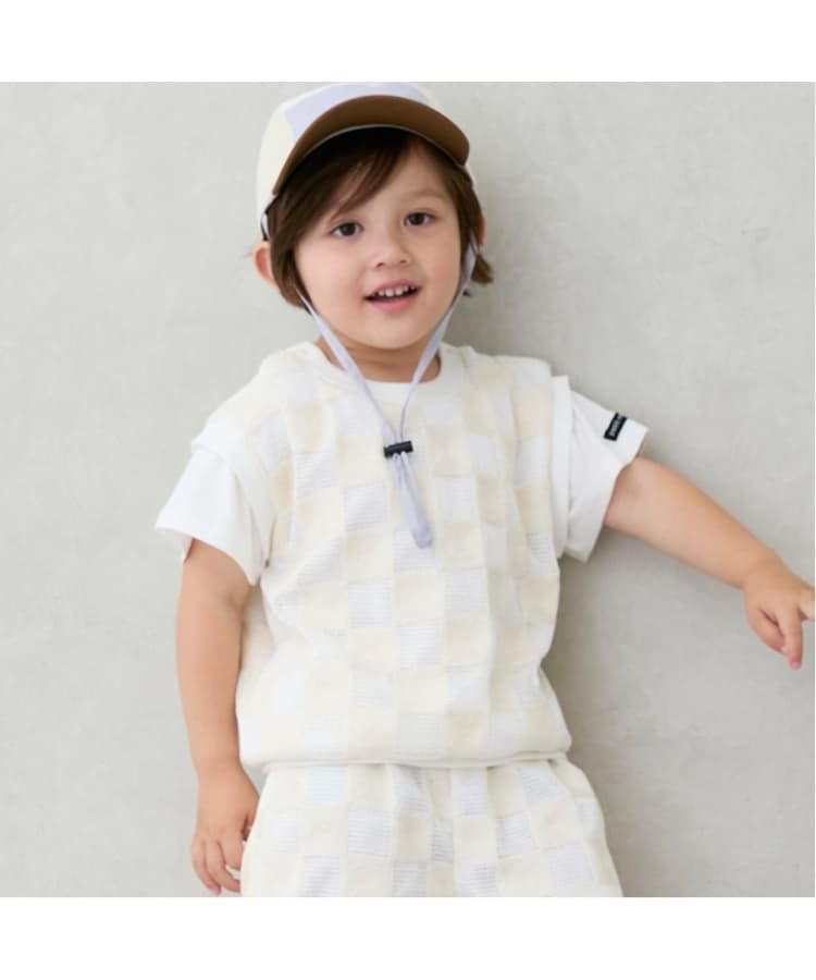 プティマイン(petit main)のスクエア刺しゅうドッキング半袖Tシャツ ホワイト(101)