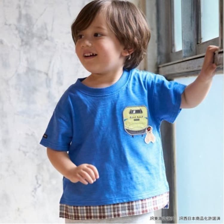 プティマイン(petit main)の【新幹線】裾チェックアップリケ半袖Tシャツ Ｔシャツ