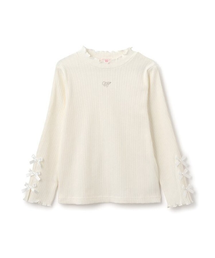 メゾピアノ(mezzo piano)の袖リボン　プチハイネック　長袖Tシャツ オフホワイト(003)