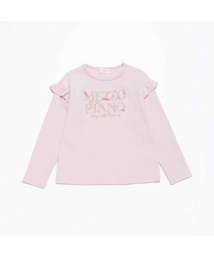 メゾピアノ(mezzo piano)の【人気商品再入荷】【直営店で取り扱い無し】キャンディロゴ　肩フリル長袖Ｔシャツ ライトピンク(070)