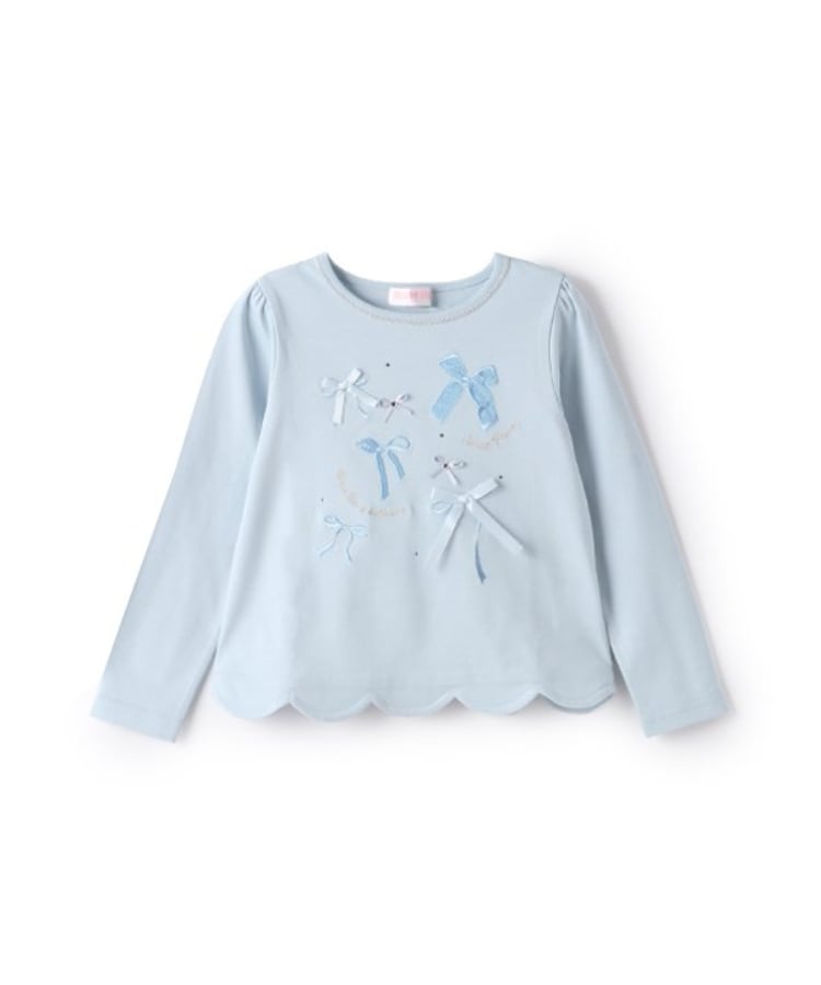 メゾピアノ(mezzo piano)のリボンイッパイ裾スカラップ長袖Tシャツ サックスブルー(090)