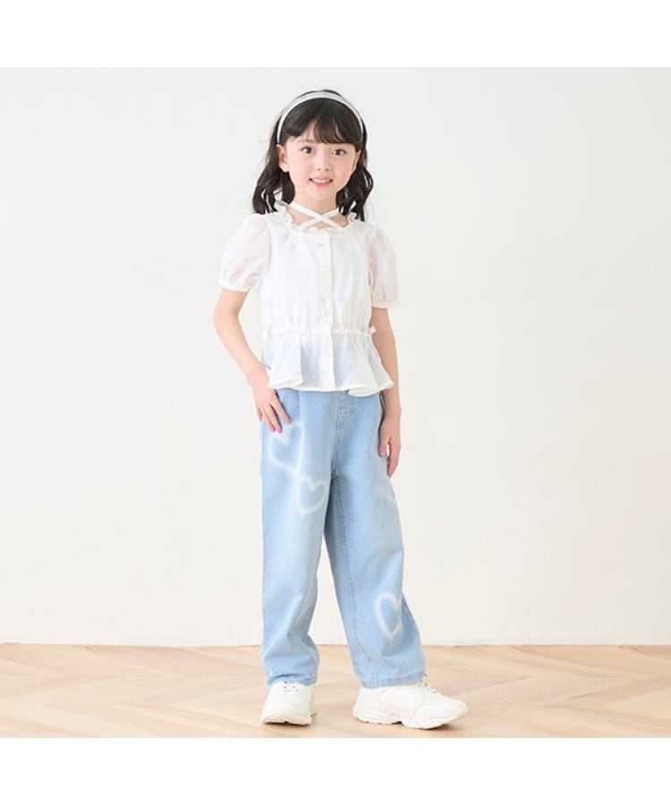 メゾピアノ(mezzo piano)のハートペイント　デニムワイドパンツ サックスブルー(090)