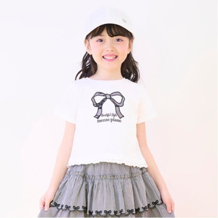 メゾピアノ(mezzo piano)のリボンアップリケ　半袖Tシャツ Ｔシャツ