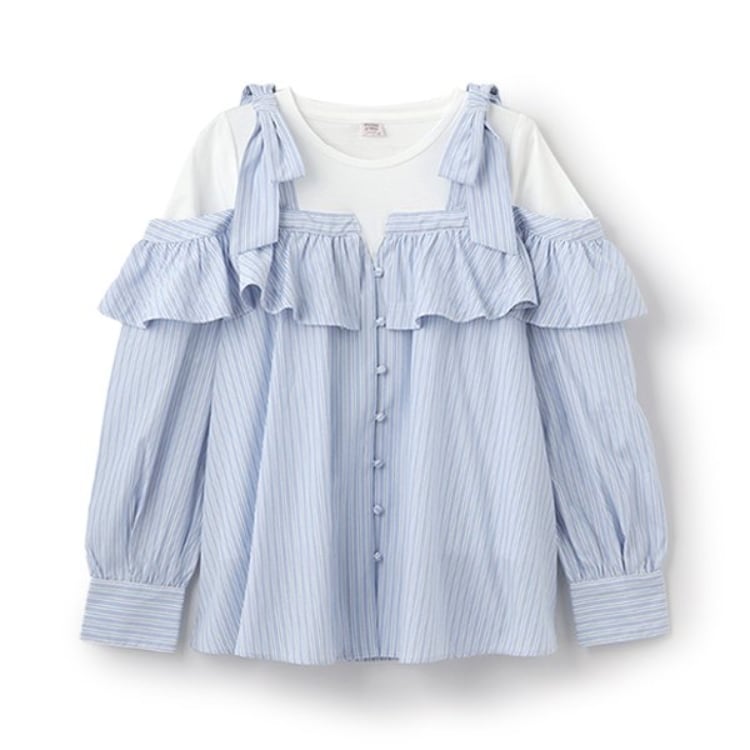 メゾピアノジュニア(mezzo piano junior)の【人気商品再入荷】【直営店で取り扱い無し】ショルダーリボンレイヤード長袖シャツ シャツ・ブラウス