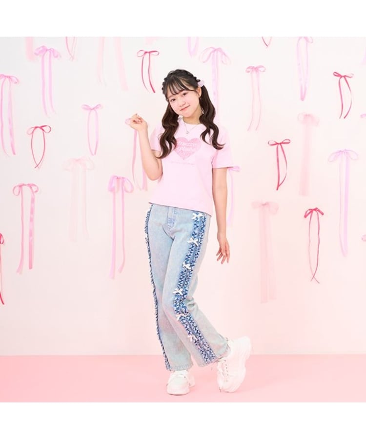 メゾピアノジュニア(mezzo piano junior)のサイドフリルストレートデニムパンツ ブルー(192)