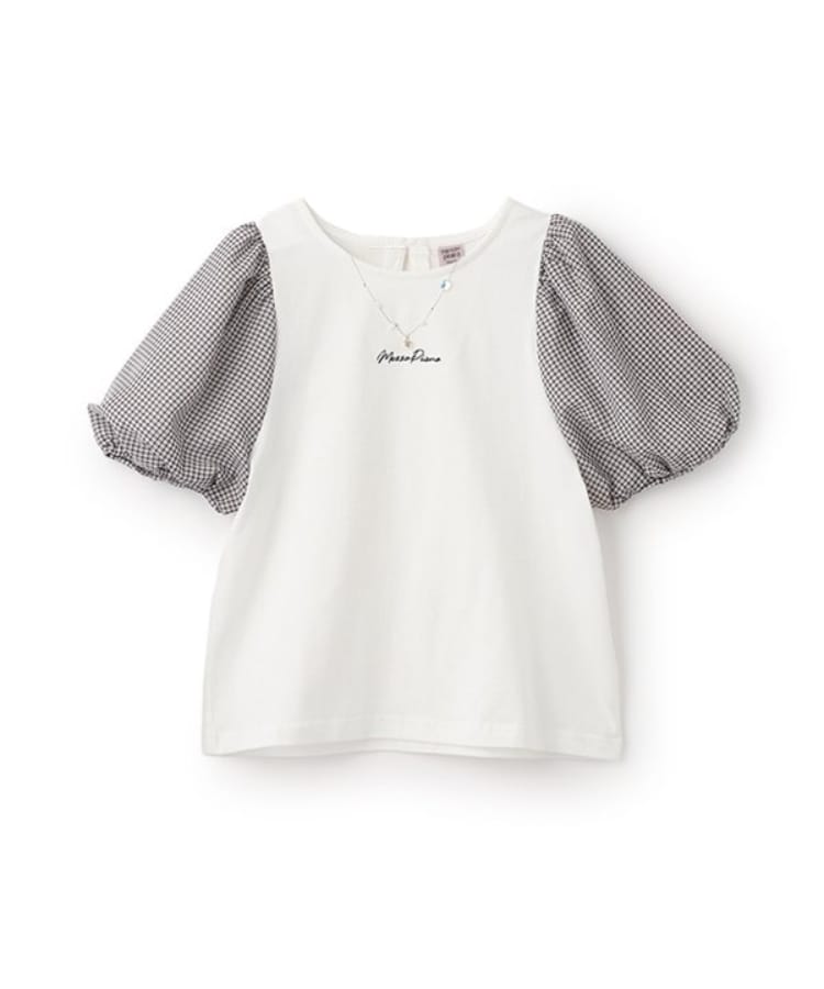 メゾピアノジュニア(mezzo piano junior)の【人気商品再入荷】【直営店で取り扱い無し】チェックぽわん袖ネックレスTシャツ オフホワイト(003)