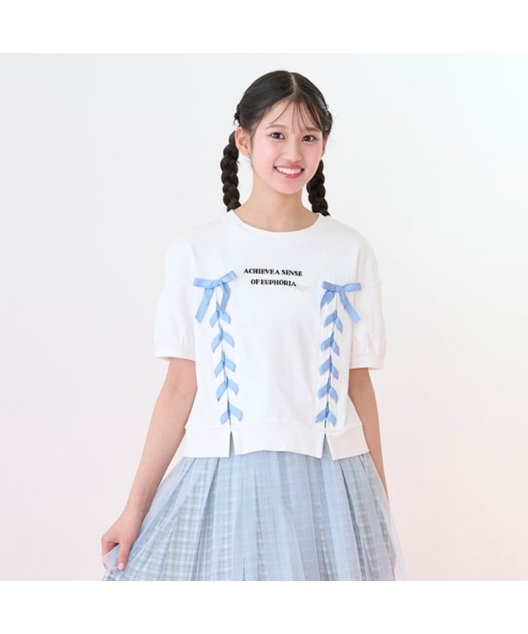 メゾピアノジュニア(mezzo piano junior)の【ニコ☆プチ掲載】袖パフレースアップTシャツ オフホワイト(003)