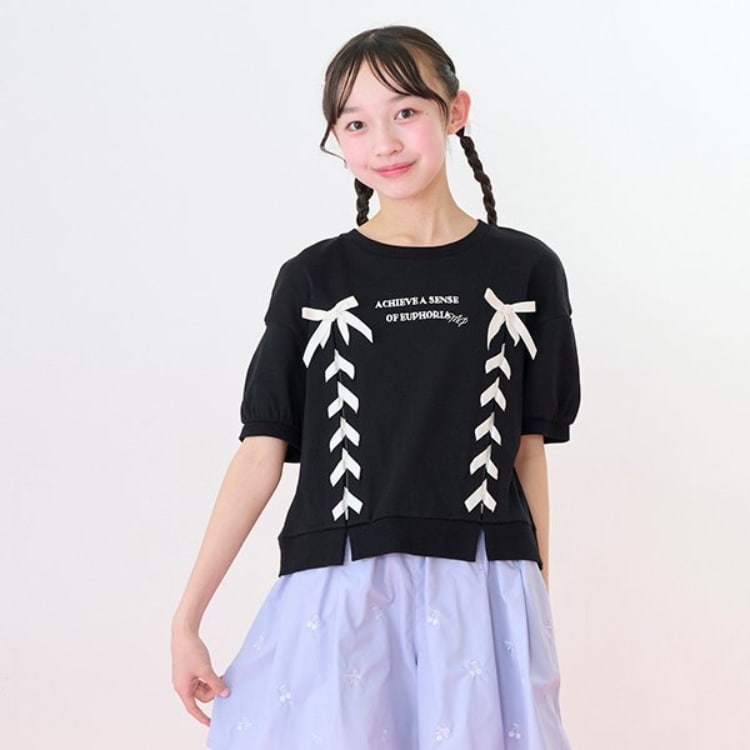 メゾピアノジュニア(mezzo piano junior)の【ニコ☆プチ掲載】袖パフレースアップTシャツ Ｔシャツ