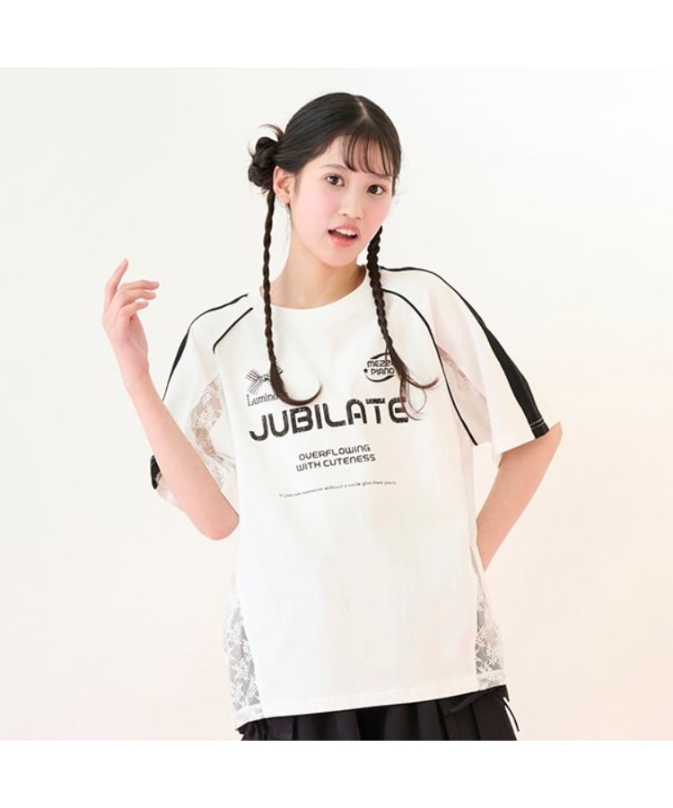 メゾピアノジュニア(mezzo piano junior)の【Cuugal掲載】レース切り替えゲームTシャツ オフホワイト(003)
