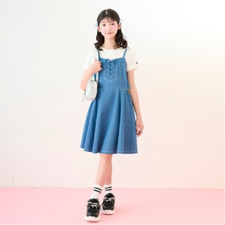 メゾピアノジュニア(mezzo piano junior)の【接触冷感】サイドスリットレースアップジャンスカセット ジャンスカ・サス付スカート