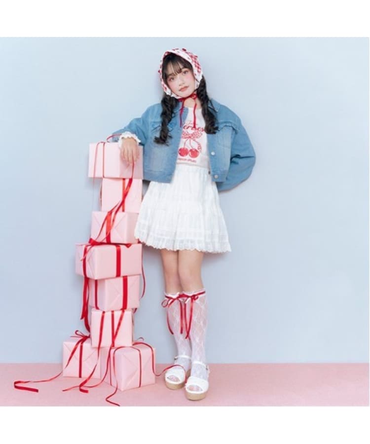 メゾピアノジュニア(mezzo piano junior)の【Cuugal掲載】【接触冷感】袖レースアップリボンチェリーTシャツ3