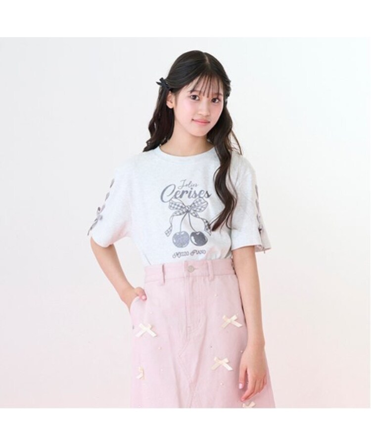 メゾピアノジュニア(mezzo piano junior)の【Cuugal掲載】【接触冷感】袖レースアップリボンチェリーTシャツ8