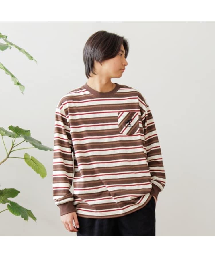 グラソス(GLAZOS)のボーダー・ワンポイント刺繍ポケット付きビッグ長袖Tシャツ ブラウン(043)