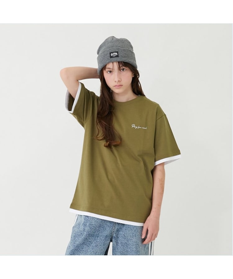 グラソス(GLAZOS)のワンポイントロゴ裾レイヤード半袖Tシャツ カーキ(027)