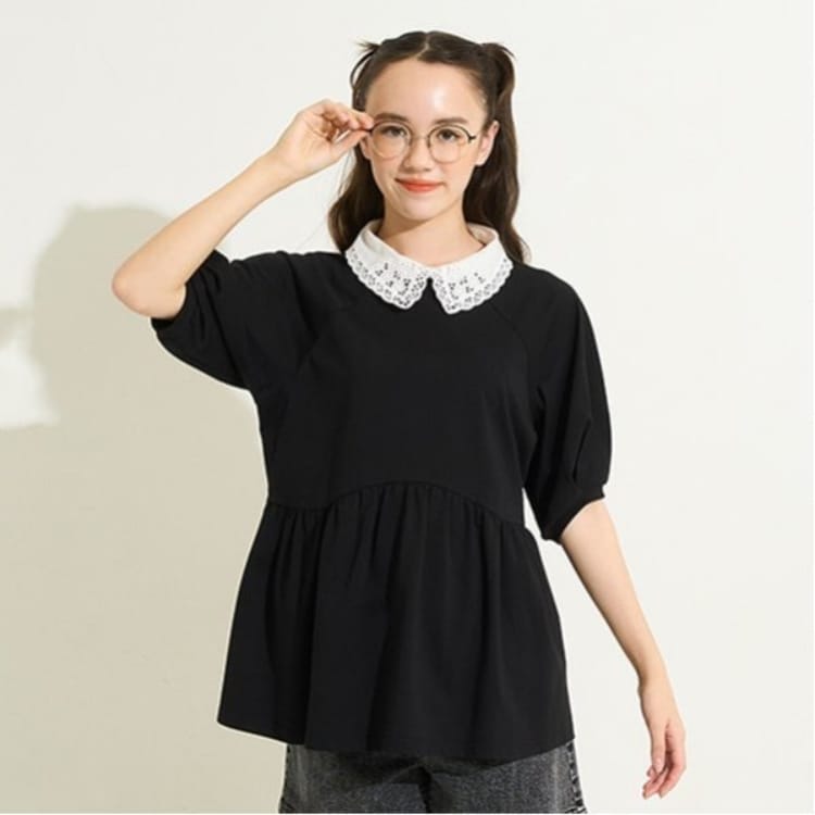 ポンポネット アミ(POM PONETTE AMI)の【AMI】【接触冷感】刺しゅう衿ペプラムカットプルオーバー Ｔシャツ