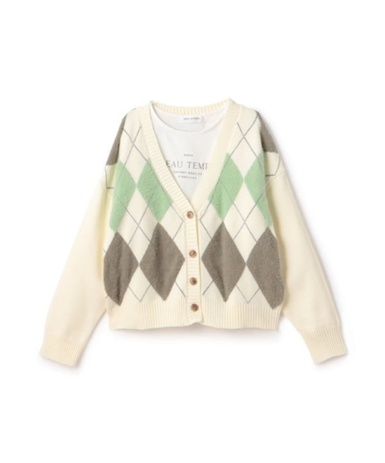 ポンポネットジュニア(pom ponette junior)のアーガイルシャギーカーディガンTシャツセット オフホワイト(003)