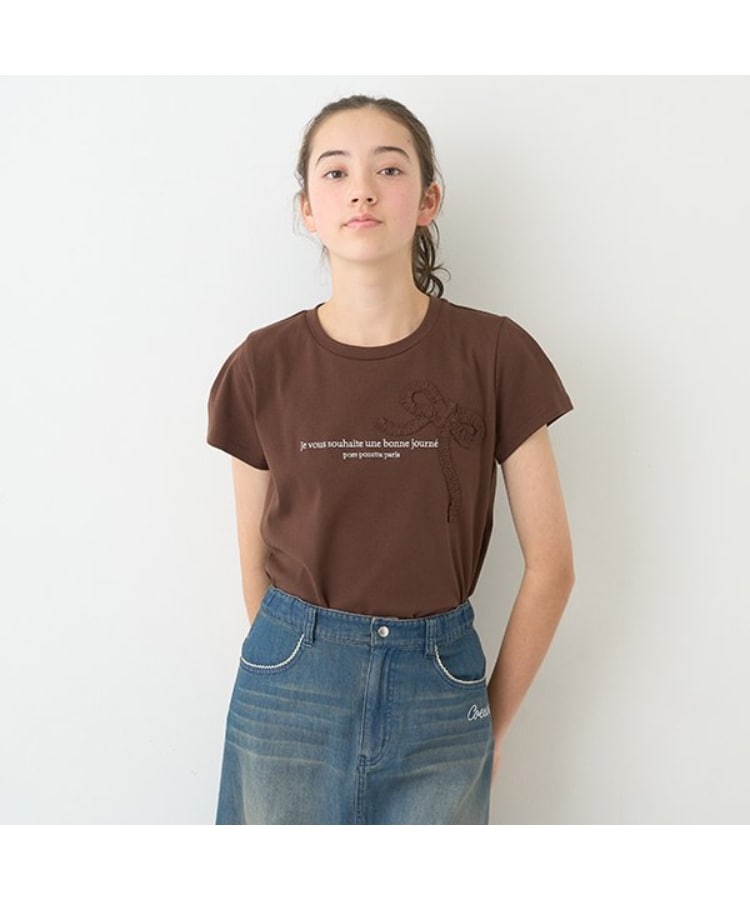 ポンポネットジュニア(pom ponette junior)のギャザーリボンTシャツ ブラウン(043)