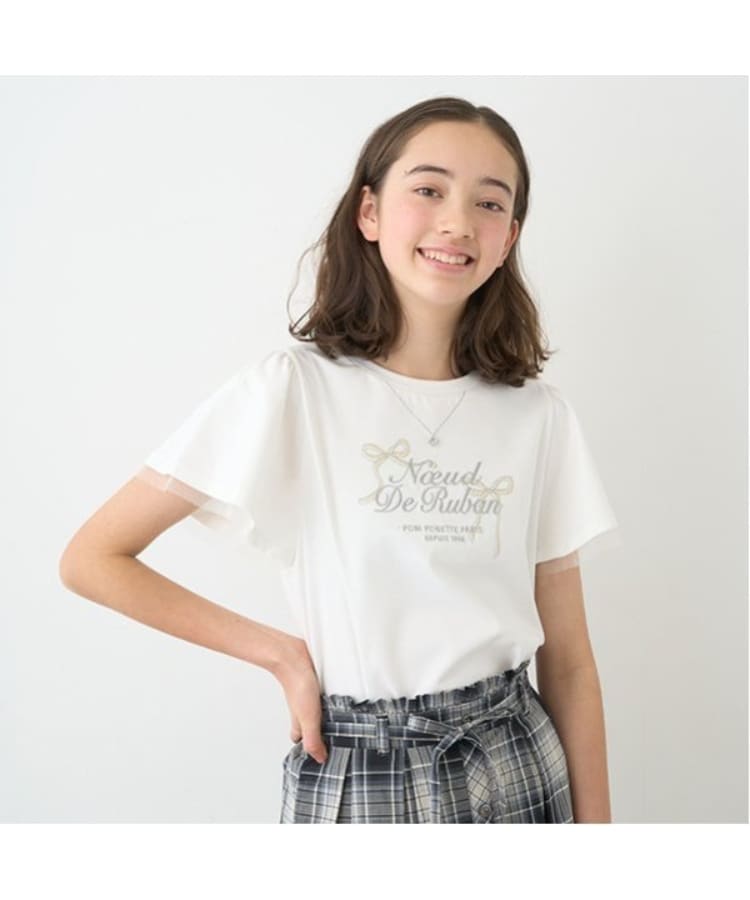 ポンポネットジュニア(pom ponette junior)のネックレス風刺しゅうフレアスリーブTシャツ ホワイト(001)