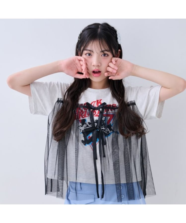 バイ ラビット(by LOVEiT)のチュール付きバンドTシャツ ライトグレー(211)