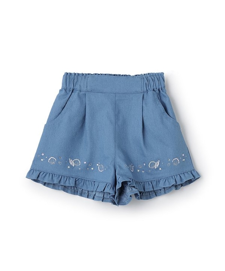 ピューピルハウス(Pupil House)のシェル刺しゅう裾フリルショーパン サックスブルー(090)