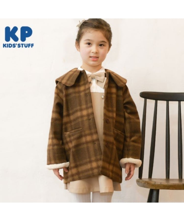 ケーピー(KP)のKP(ケーピー)ビッグカラーウールチェックコート(90～130) ブラウン(043)