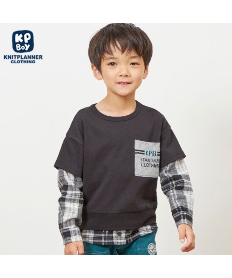 ケーピー(KP)のKPBOY チェックとミニ裏毛のレイヤード風トレーナー(90～160) ブラック(219)