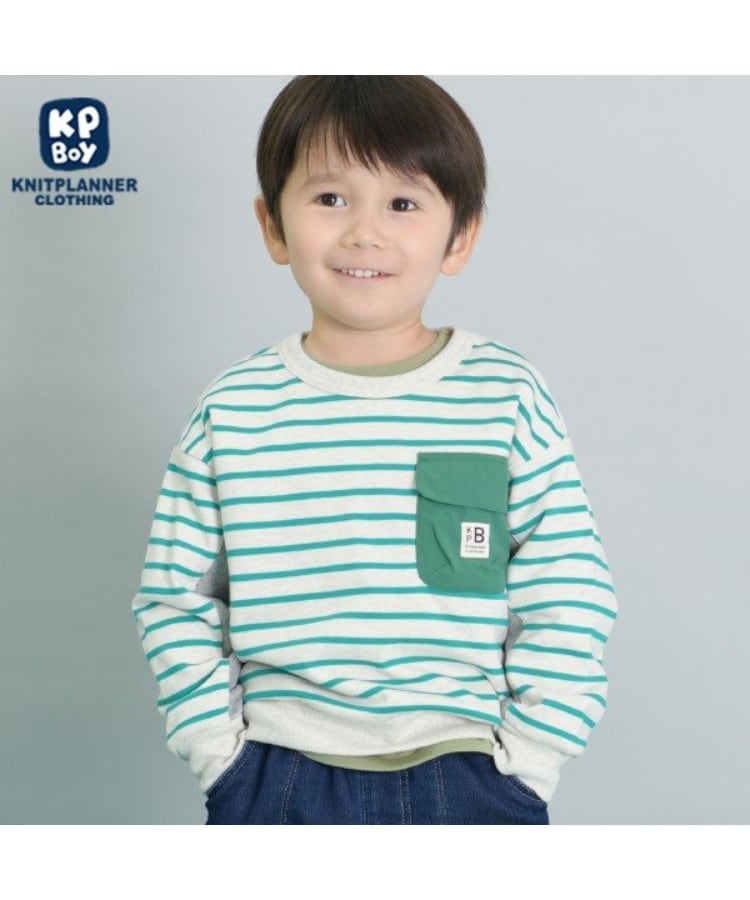 ケーピー(KP)のKPBOY ミニ裏毛ポケット付きボーダートレーナー(90～160) オフホワイト(103)