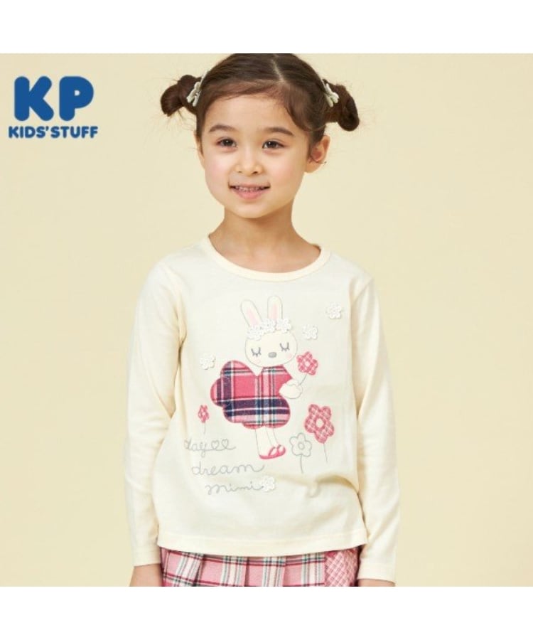 ケーピー(KP)のKP うさぎチェックアップリケ長袖Tシャツ(80～140) オフホワイト(003)