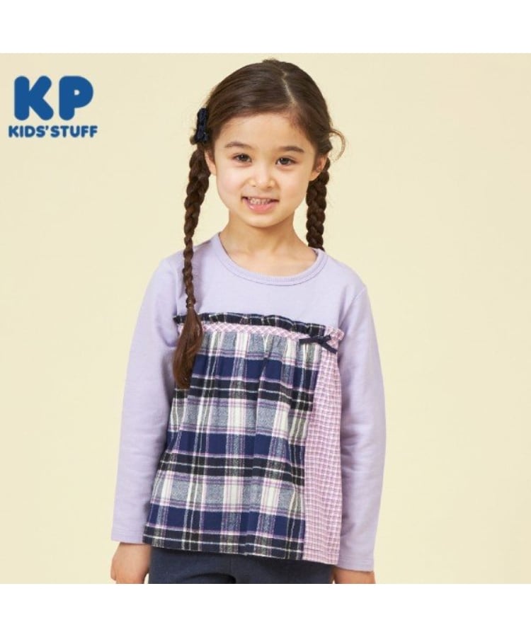 ケーピー(KP)のKP チェック切り替えリボン付き長袖Tシャツ(80～150) ネイビー(094)