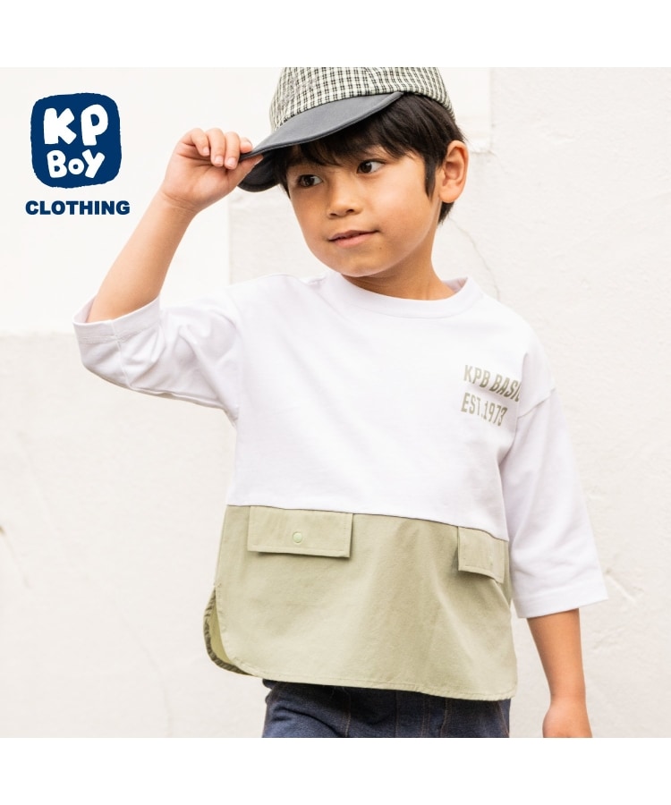 ケーピー(KP)のナイロンストレッチ切り替え７分丈Tシャツ オフホワイト(003)