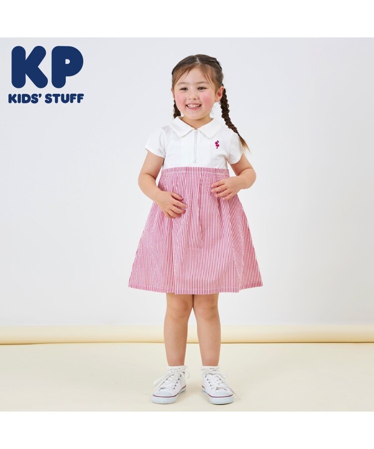 ケーピー(KP)の前ファスナー開きサッカーストライプワンピース レッド(061)