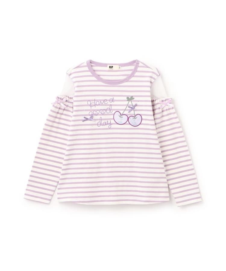 ケーピー(KP)の肩チュールボーダー長袖Tシャツ パープル(081)