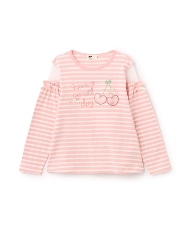 ケーピー(KP)の肩チュールボーダー長袖Tシャツ ピンク(071)