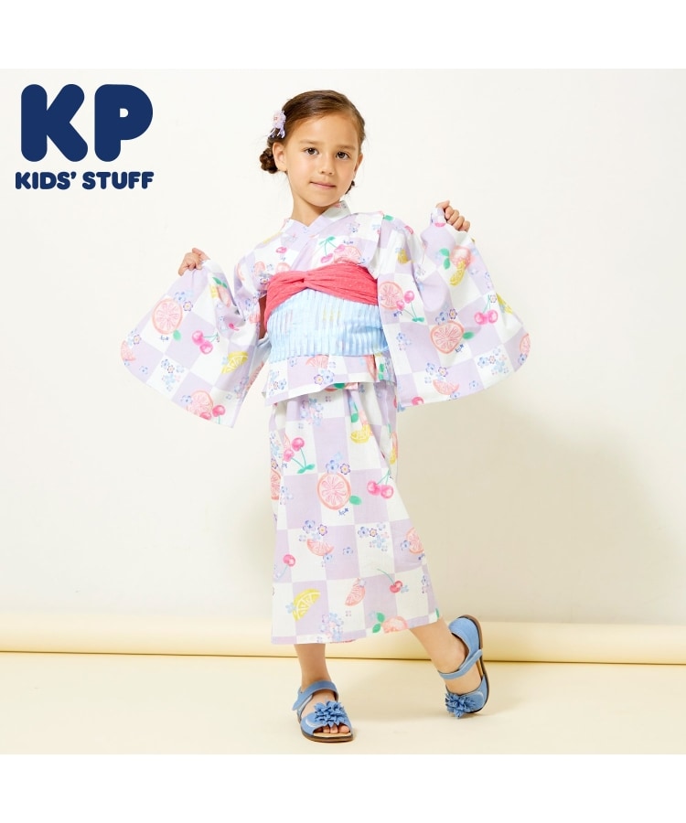ケーピー(KP)のワンピースにもなる2WAY浴衣 市松×フルーツ柄 ラベンダー(080)