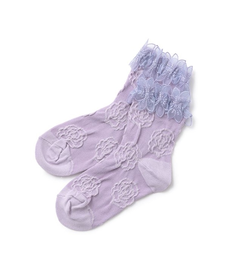 アナ スイ・ミニ(ANNA SUI mini)の花レースつきバラ柄クルーソックス ラベンダー(080)
