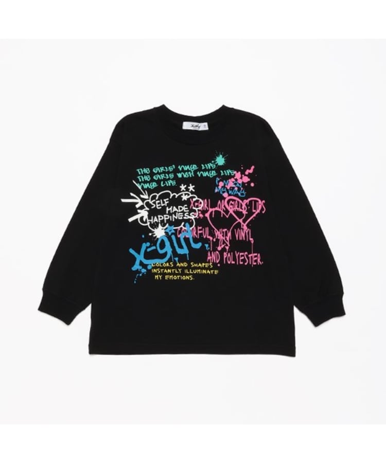 エックスガール ステージス(X-girl STAGES)のメッセージカラフルロゴ長袖Tシャツ ブラック(219)